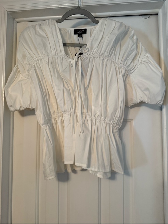 Gigio Tops - G&Co White Smocked Peasant Blouse with Tie Neck